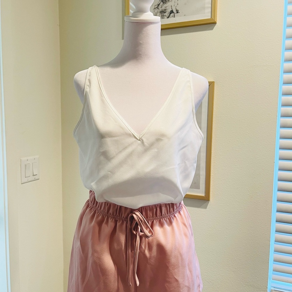 White V-Neck Tank Top and Pink Drawstring Shorts